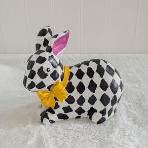 NWOT Black & White Check Rabbit Figurine with Yellow Bow